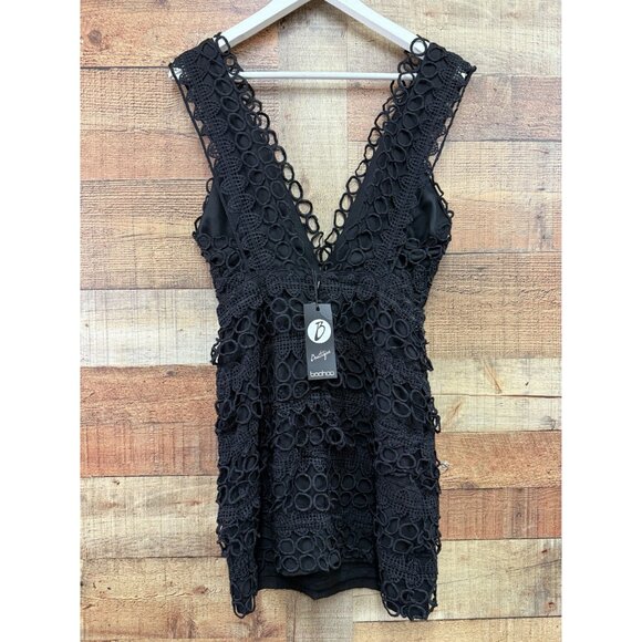 Boohoo Boutique Black Lace Plunge Neck Panelled Bodycon Dress NWT Size 8 - Picture 7 of 12